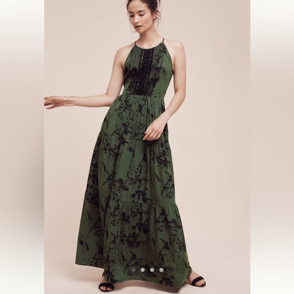 Anthropologie Ranna Gill Olive Green Maxi Dress with Black Floral Lace Bodice